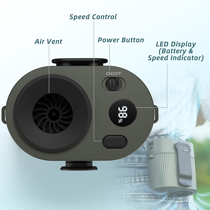 CIVPOWER Portable Waist Clip Fan: 20000 RPM Turbo Cooling - Rechargeable 8000 mAh Battery and LED Display - 5 Speed Belt Fan on Shirt for Outdoor/Jobsite/Camping/Travel (Green)