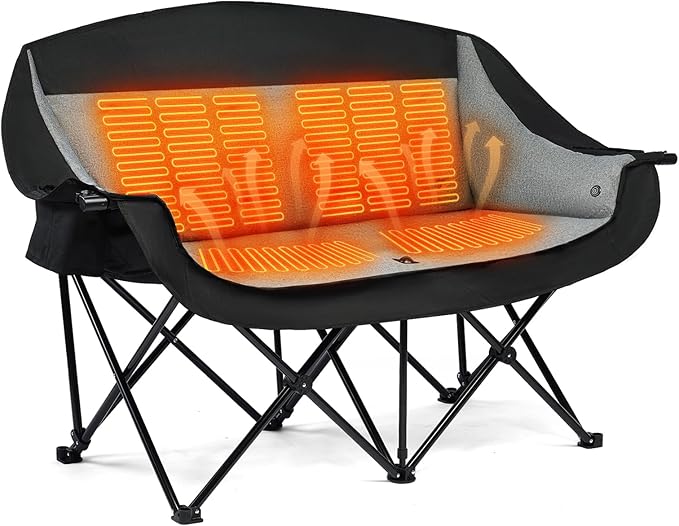 apollo walker Heated Double Camping Chair - Heavy Duty 600lbs Camping Couch with Adjustable Heating, Dual Cup Holder & Carry Bag, Loveseat Camping Chair for Outdoor, Lawn, Concert, Backyard, Park