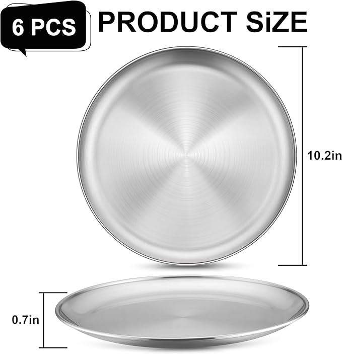 Homikit 6 Pack Stainless Steel Plate Set, 10.2 Inch Metal Kids Dinner Plates for Children Adult, Round Camping Plates for Serving Dishes Dessert Salad, Non Toxic & Reusable, Dishwasher Safe