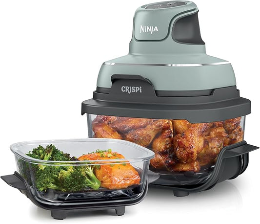 Ninja Crispi Air Fryer, Microwave, Freezer & Dishwasher Safe, Non Toxic Glass Portable Cooking System, 4 QT & 6 Cup Glass Containers with Storage Lids, Easy Meals, Air Fry, Bake, Green (Renewed)