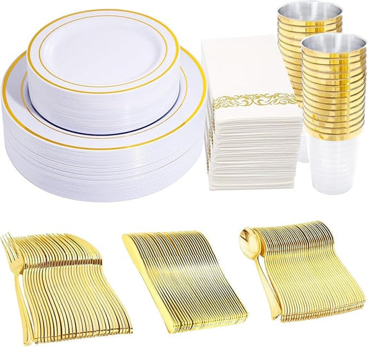 350 Pieces White and Gold Plastic Plates - 50 Guest Thanksgiving Dinnerware Set Include 100 Plates, 50 Plastic Silverware, 50 Napkins and 50 Cups for Thanksgiving