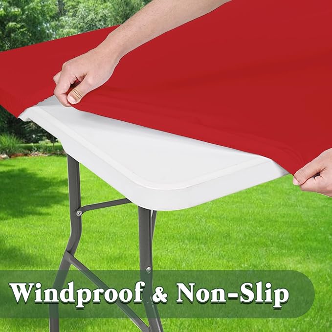 10 Pack Picnic Fitted Table Cover for 8 Foot Tablecloth for Rectangle Tables Waterproof Stretch Washable Folding Indoor and Outdoor Spandex Table Cloth for Camping Banquet and Parties (Red,30" x 96")
