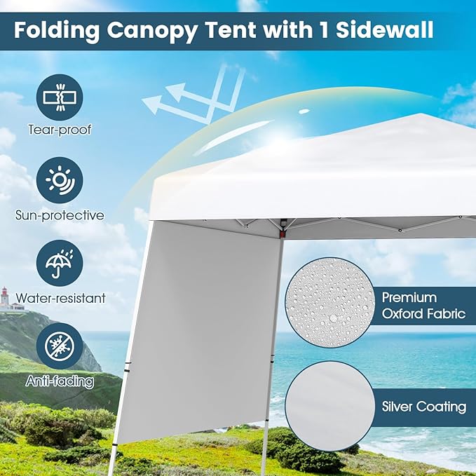 Tangkula 10x10 FT Pop Up Canopy with Sidewall, UPF 50+ Easy Setup Outdoor Tent with Backpack, 4 Stakes, Portable Heavy-Duty Canopy Tent for Party Events Camping Picnic, 10x10 Base, 8x8 Top