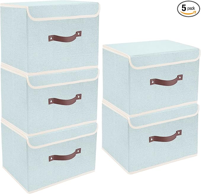 TYEERS Foldable Storage Boxes with Lids 5 Pack Fabric Storage Bins with Lids, Closet Organizers for Clothes Storage, Room Organization, Office Storage, Toys - Aqua Spring