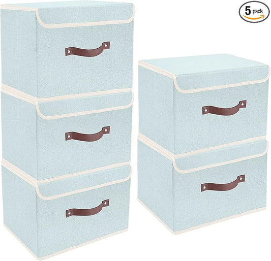 TYEERS Foldable Storage Boxes with Lids 5 Pack Fabric Storage Bins with Lids, Closet Organizers for Clothes Storage, Room Organization, Office Storage, Toys - Aqua Spring