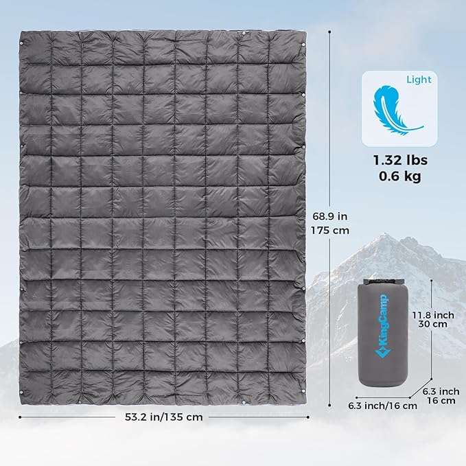 KingCamp Ultralight Camping Blanket, Packable Down Alternative Puffy Wearable Blankets Weatherproof Warm Package Quilt with Snap Buttons for Outdoor Hiking Travel Picnic Stadium (69" x 53", CHARCOAL)