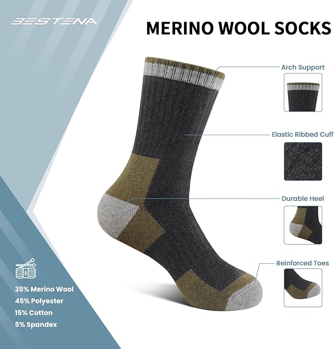 BESTENA Merino Wool Hiking Socks for Men 5 Pairs Thermal Warm Winter Thick Cushion Moisture Wicking Crew Boot Socks