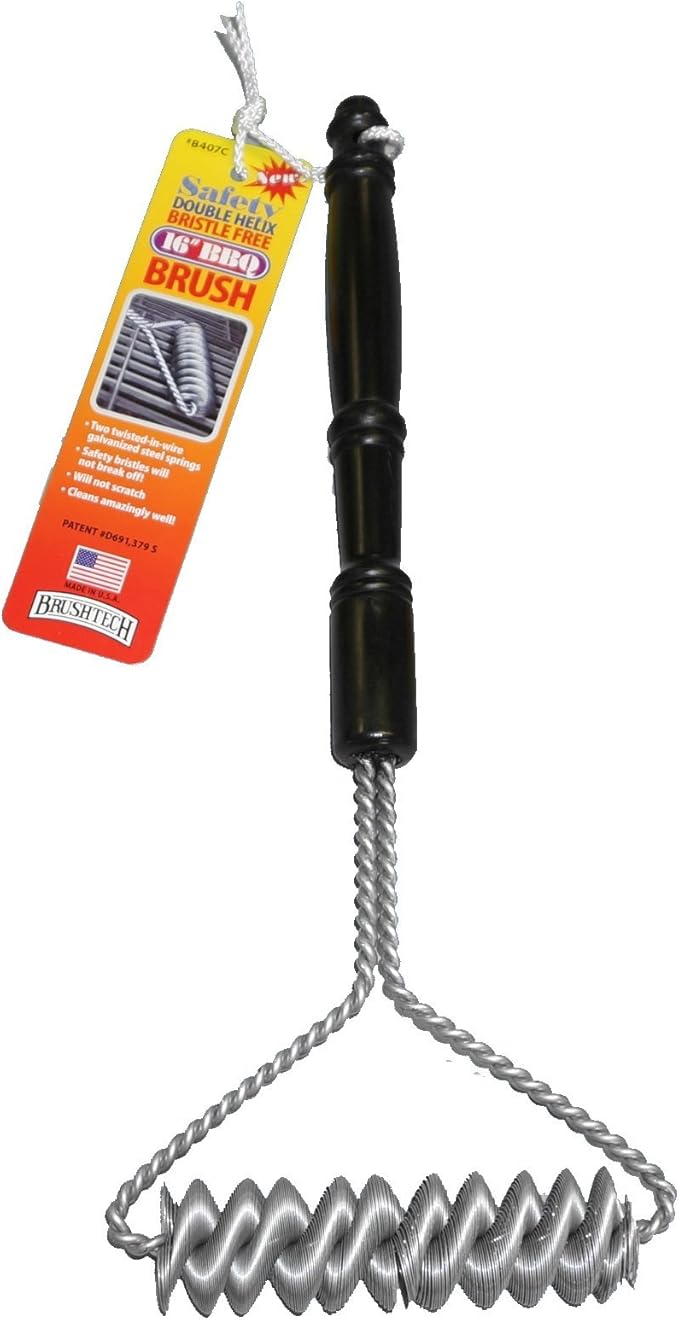 Brushtech Double Helix Grill Brush, 16″ Flat BBQ Grill Cleaner - Bristle‑Free Coil Springs Clean Tops & Sides - Galvanized Steel, Long Reach Handle, Heavy‑Duty BBQ Tool for Gas & Charcoal Grates