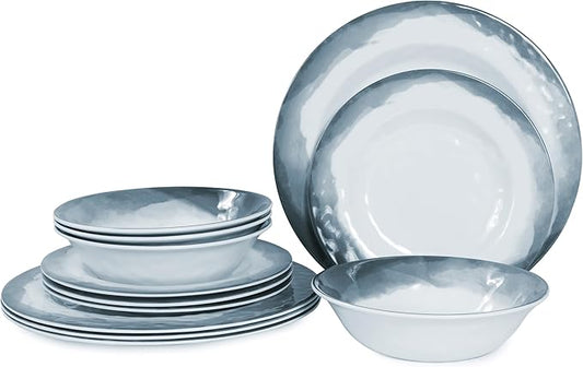 Melamine Dinnerware Sets-12 Pieces Outdoor Plates and Bowls Set for 4, Durable Dinner Plates for Camping Picnics Party, Chip Resistant Dishes, Grey Blue, Dishwasher Safe