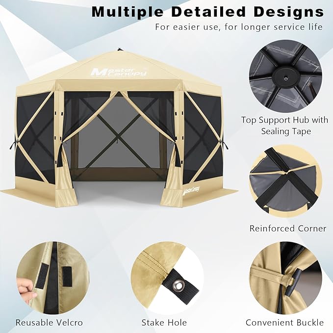 MASTERCANOPY 10x10FT Pop Up Gazebo Screen Tent - Instant Screen House with Netting, Quick Set, Outdoor Canopy Shelter with Carry Bag for Camping, Backyard & Patio (Beige)