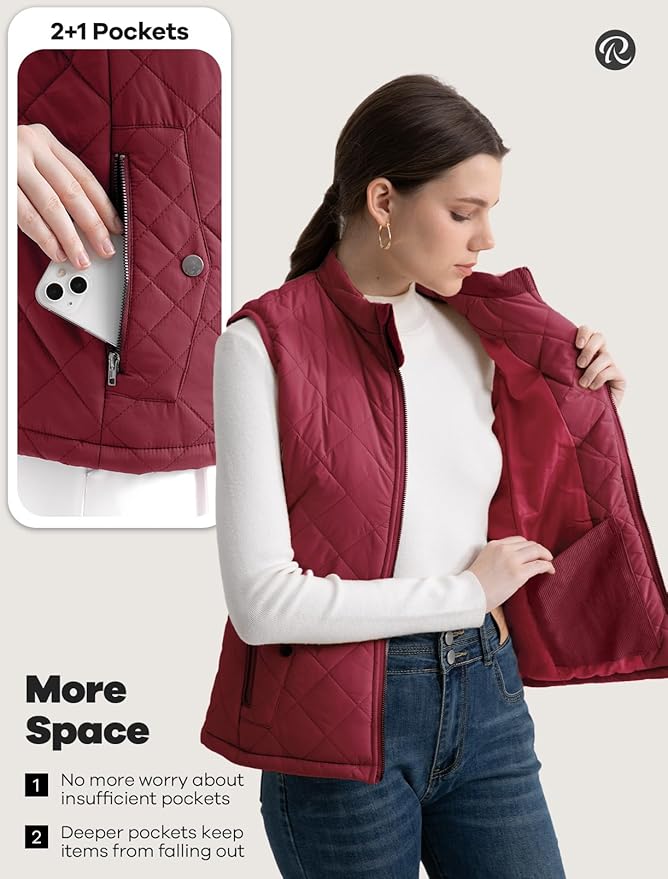 Women's Vest, Quilted Puffer Water-Resistant Zip With Pockets