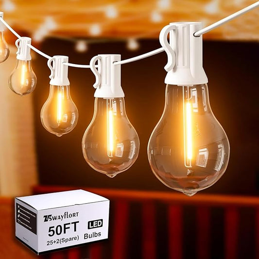 Outdoor String Lights, LED String Lights for Outside with 27 Shatterproof Bulbs (2 Spare), 50FT Porch White Hanging String Light for Balcony, Pergola, Gazebo, Patio Decor,White Cord