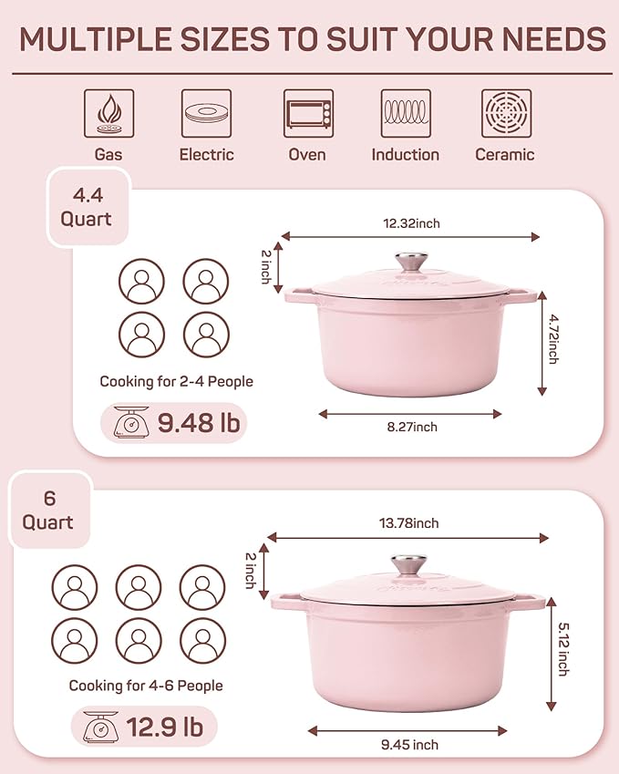 Enameled Cast Iron Dutch Oven – 4.4 Quart Pot with Lid & Potholders – Heavy-Duty Cookware for Bread Baking, Braising, Stews & Roasting – Oven & Stovetop Safe up to 500°F – Pink