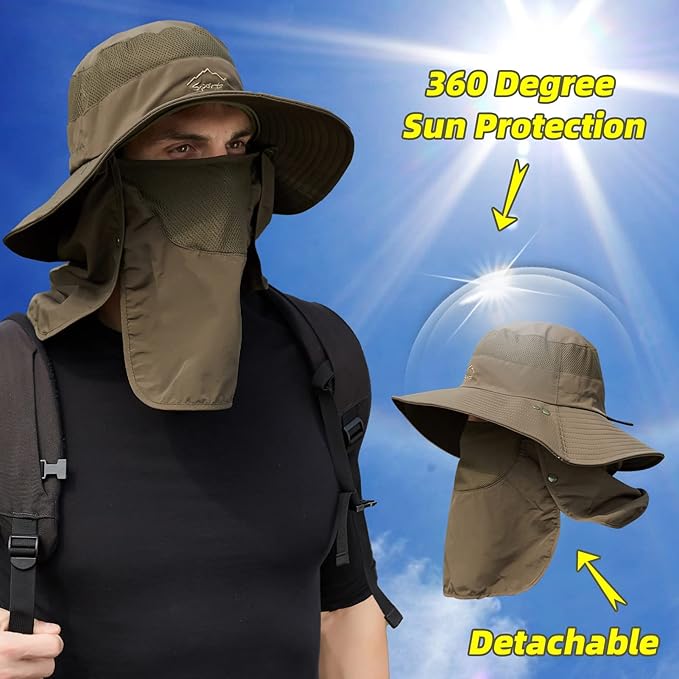 Fishing Hat for Men Sun Protection Hat with Removable Mesh Face Neck Flap Cover Windproof Strap for Men and Women