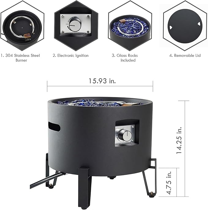 Portable Propane Fire Pit for Camping RV 50,000 BTU Round 15'' H x 16'' W Portable Gas Firepit W/Lid, Glass Rocks & Weather Resistant for Outdoors, Propane Extension Hose, Black