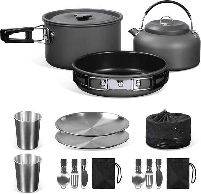 REDCAMP Stainless Steel Camping Mess Kit, Camping Dishes Set for 4, Camp Plate Set with Bowls Plates Cups Forks Spoons, for Backpacking, Outdoor Backpacking Hiking and Picnic