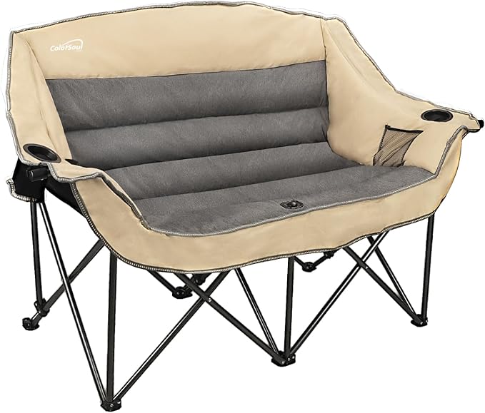 2 Person Fully Padded Camping Chair Oversized Loveseat Camping Chair Double Camping Chairs for Adults Heavy Duty Outdoor Camping Couch, Padded Seats & Armrests, 600Lbs, Beige