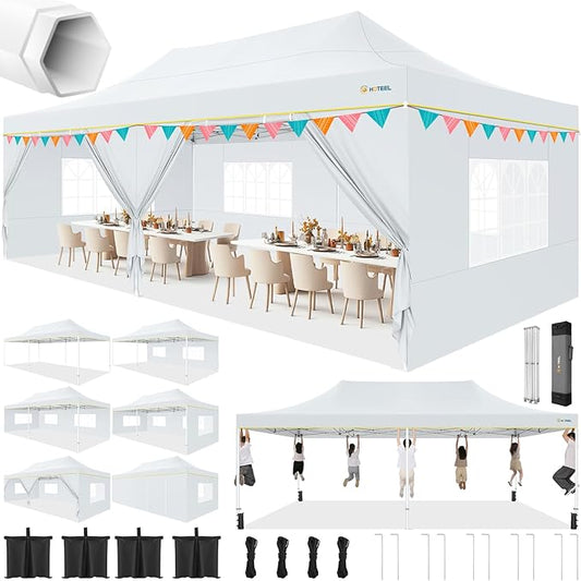 HOTEEL 13x26 Heavy Duty Pop Up Canopy Tent for Parties Event Wedding Commercial Instant Gazebo with Roller Bag, Party Tent Waterproof UV 50+&Windproof, Upgraded Thick Hexagonal Legs, White