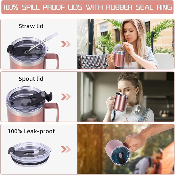 Volhoply 12oz Insulated Leakproof Coffee Mug with Flip & Straw Lid Bulk 8 Pack,Double Wall Vacuum Stainless Steel Travel Tumbler Cup with Handle,Reusable Camping Mugs Keep Cold/Hot(Rose Gold,8 Set)