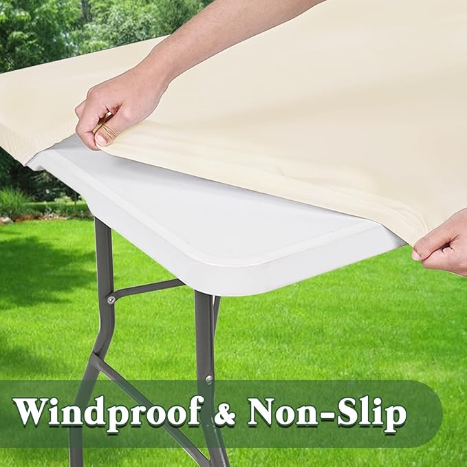 8 Foot Table Cover Fitted 10 Pack Picnic Elastic Tablecloth for Rectangle Tables Waterproof Stretch Washable Folding Indoor Outdoor Spandex Table Cloth for Parties Banquet Camping (Beige,30" x 96")