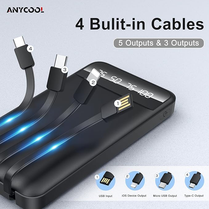 Portable Charger 40000mAh Power Bank with 4 Built-in Cables, 5 Outputs & 3 Inputs, Travel Essentials with Flashlight, USB C Battery Pack for iPhone 16 15 14 13 12 11, Android Charger, iPad Tablet