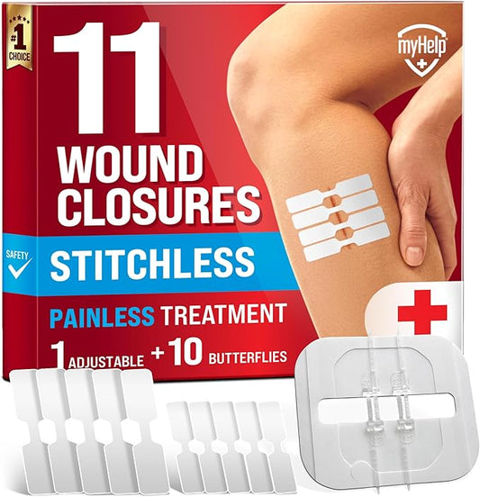 Emergency Wound Closure Strips - 11pk - 2 Types Easy to Use Butterfly Bandages - Stitchless & Painless Laceration Closure Kit