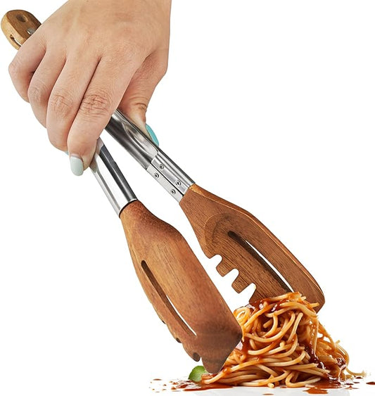 3-in-1 Kitchen Tongs & Pasta Server – 12 Inch Walnut Multifunction Tongs with Slotted Forked & Flat Tips for Pasta, Salad, Grilling and More – Elegant, Heat-Resistant Food Tongs for Home Cooks & Chefs