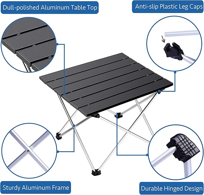 Grope Portable Camping Table with Aluminum Table Top, Folding Beach Table Easy to Carry, Prefect for Outdoor, Picnic, BBQ, Cooking, Festival, Beach, Home Use (Black-S)