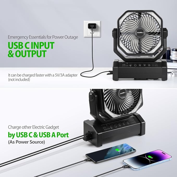 20000mAh Rechargeable Camping Fan - Battery Operated Fan with Light & Remote, Auto Oscillating, 4 Timer, 60 Hrs Work Cordless Tent Fan for Travel Outdoor RV Garage Power Outage Emergency