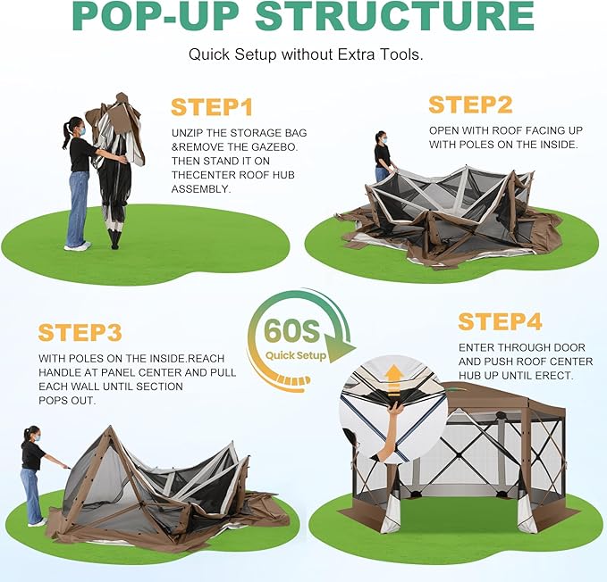 COBIZI 12x12 Pop up Gazebo Screen House Tent for Camping, Outdoor Canopy with Removable Roof&Sidewalls, Portable Hub Tent with Carrying Bag and Ground Stakes, Brown