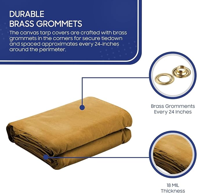 Tarps Now 20x30 ft Heavy Duty Canvas Tarp | 18 MIL Industrial Grade, Tear Resistant, Reinforced Edges, Nickel Plated Grommets | Ideal for Construction, Trucking, Manufacturing, Automotive – Tan Color