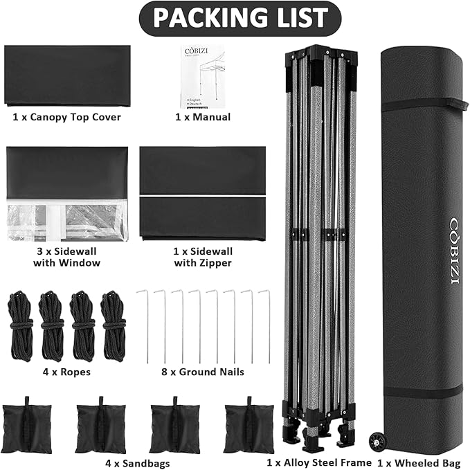 COBIZI 10x10 Pop Up Canopy with 4 Sidewall,Heavy Duty Canopy UPF 50+ All Season Wind Waterproof Commercial Outdoor Wedding Party Tents for Parties Canopy Gazebo with Roller Bag (10 x 10 ft Black)