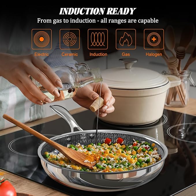 10“ Hybrid Ceramic Nonstick Frying Pan, 3-Ply Stainless Steel Skillet, 2-Layer Nonstick Coating, PFAS & PTFE Free, 9H Hardness & Corrosion Resistance, Dishwasher Safe, Induction Compatible