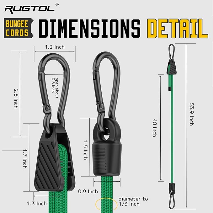 Bungee Cords with Hooks, 48 Inch Adjustable Green Bungee Cords with Carabiner Heavy Duty Outdoor, 8mm Thick Easy to Adjust Bungee Rope UV Resistant for Truck Bed, Bike Rack, Trash Can, Moving, 6 Pack
