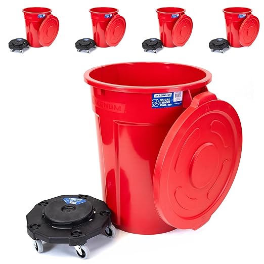 Magnum Red 55 Gallon Trash Can Set (Trash Can, Quiet Dolly, and Reinforced Lid), Construction Grade, Jobsite Ready, Non-Marking Wheels & Casters for Rolling Garbage CMTC-CLD0-55R05 (5 Set)
