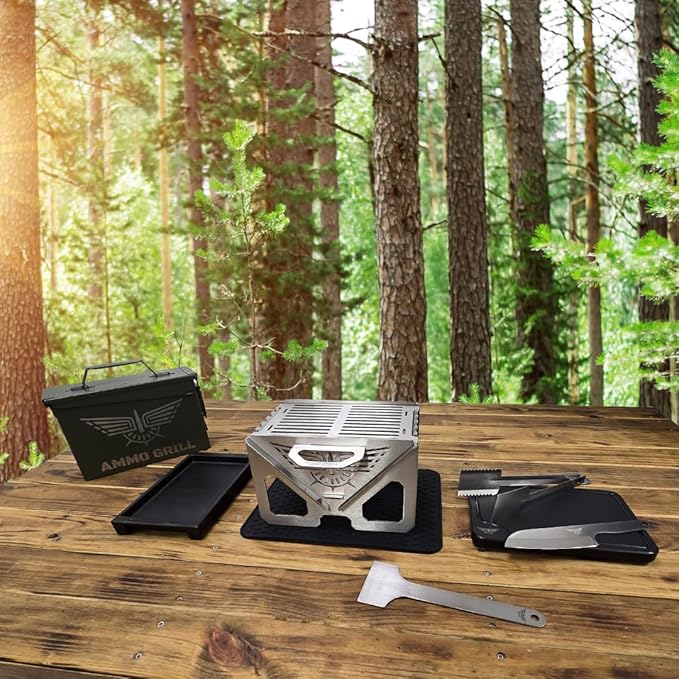 Ammo Can Grill – Field Cook Set | Portable Charcoal Grill Kit with 1" Cast Iron Pan, Cutting Board, Knife & Tongs | Fits in Ammo Can | Great for Camping, Tailgating, Outdoors