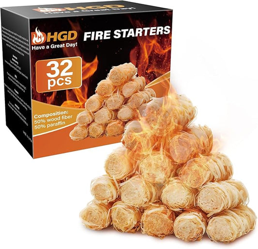 HGD Fire Starter(32pcs), Natural Charcoal Starters, Firestarters for Indoor Fireplace, BBQ, Campfire, Wood Stove, Chimney, Fire Pit, Grill, Smoker, Indoor Outdoor Use, Weather-Resistant,