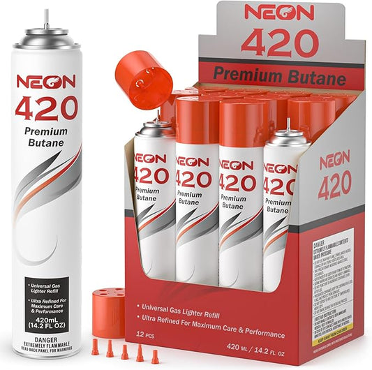NEON Butane Refill 420ml, 11X Ultra Refined 0 Impurities Butane Fuel, Premium Universal Lighter Fluid with Metal Nozzle and 5 Butane Gas Refill Adapters for Refillable Lighters and Torches, 12 Cans