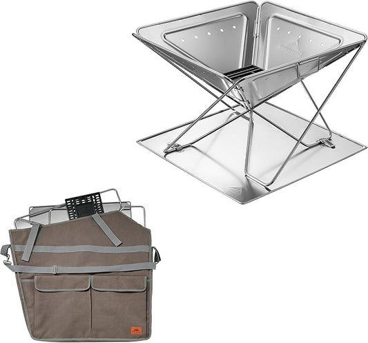 CAMPINGMOON Foldable Heavy Large Fire Pit Charcoal Wood Burning 24-inch Stainless Steel MT-065-FT with Duty Storage Bag