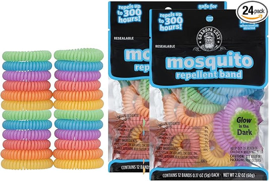 Grandpa Gus's Natural Mosquito Repellent Bracelets for Family, 300 Hours Protection, DEET-Free, Summer Outdoor Beach Camping Essentials, Glow in The Dark Assorted Colors, 24 Bands