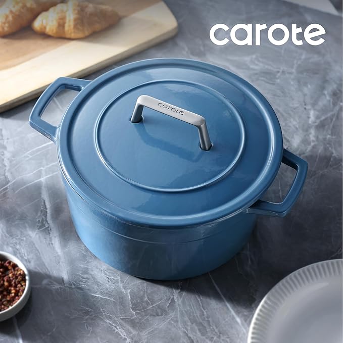 CAROTE Cast Iron Dutch Oven Pot with Lid, Enameled Dutch Oven for Sourdough Bread Baking, Dual Handles, Heavy-Duty Cast Iron Pot, 5QT, Blue