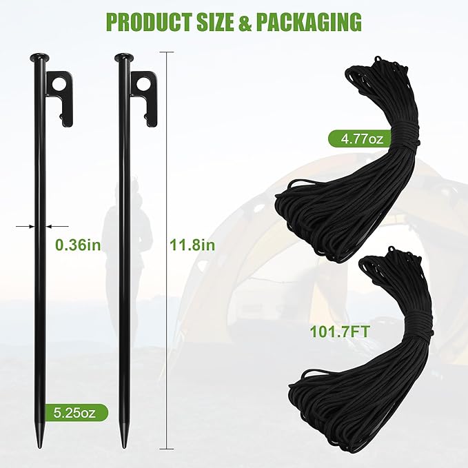 Goldlife Pond Fountain Aerator Fixing Accessories - 2×Metal Ground Stakes with 2×101ft Braided Nylon Rope, Heavy Duty Tent Stake Pegs and Paracord For Camping Tent, Canopies, Carport, Fountain Aerator