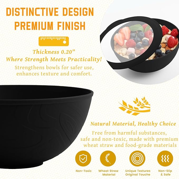Homienly Wheat Straw Bowls with Lids, Unbreakable 40 OZ Salad Container for Lunch, Dishwasher Safe Cereal Bowl for Kitchen, Camping, Picnic, 8 Piece Plastic Bowl Set includes 4 Bowls and 4 Lids, Black