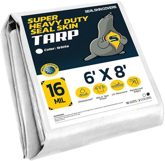 Seal Skin Covers Heavy Duty Waterproof Tarp 6x8 FT, 16 Mil 8 OZ 160 GSM Thick White Poly Tarp with Rustproof Grommets, Tear-Proof Cover with Reinforced Edges for Camping, Pool, Canopy Use