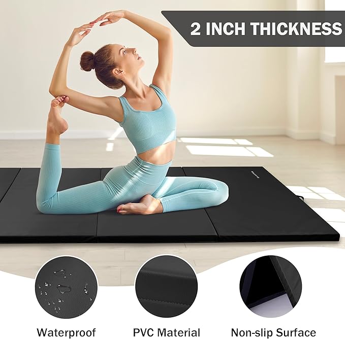 Folding Exercise Gymnastics Mat, 4'x8'x2" Gym Workout Mat with Carrying Handles 4-Fold High-Density Anti-Tear Portable Fitness Aerobics Mat for Home Gym Yoga Pilates Tumbling MMA Core Training
