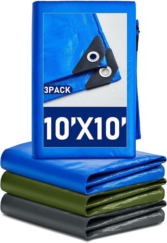 3 Pcs Large Waterproof Tarp 10 x 10 ft Heavy Duty 5.5 Mil Thick Poly Tarpaulin with Grommets Multipurpose Protective Cover for Summer Home Boats Cars Camping Rv Pool Tent