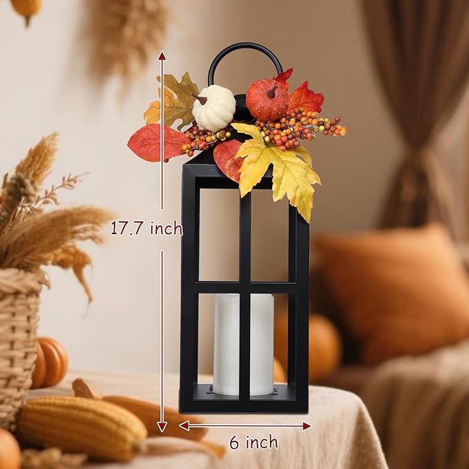 Bdor 2 Pack Fall Lantern Decor with LED Candle – 17.7 Inch Harvest Pumpkin Maple Leaf Hanging Lantern for Autumn Thanksgiving Table Centerpiece Indoor Outdoor Decoration, Battery Operated