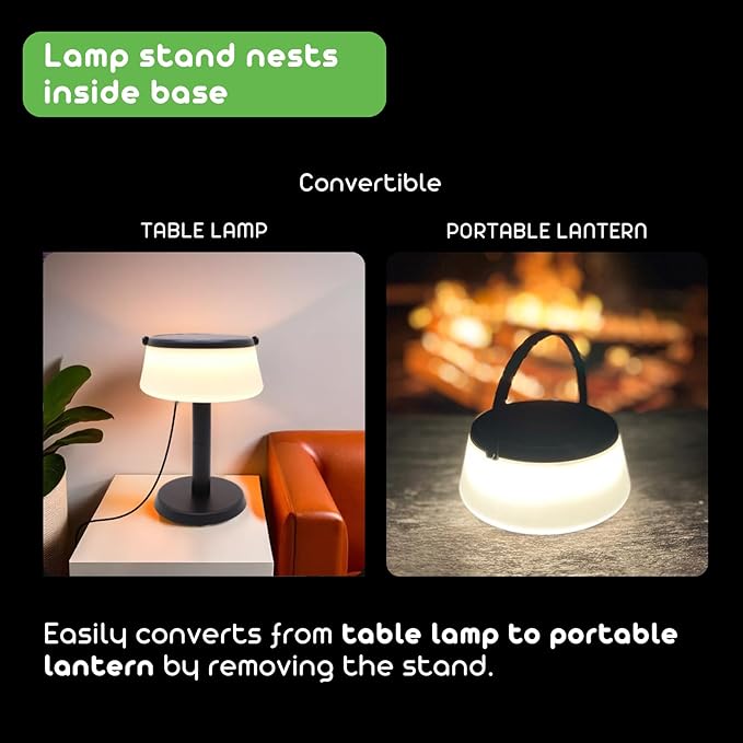 2-in-1 Portable Solar Power LED Table Lamp & Lantern - Indoor/Outdoor - Stepless Dimming - Rechargeable Battery - 330 lumens, 2700K - IP44 Weather Resistant - Black - 1 Pack