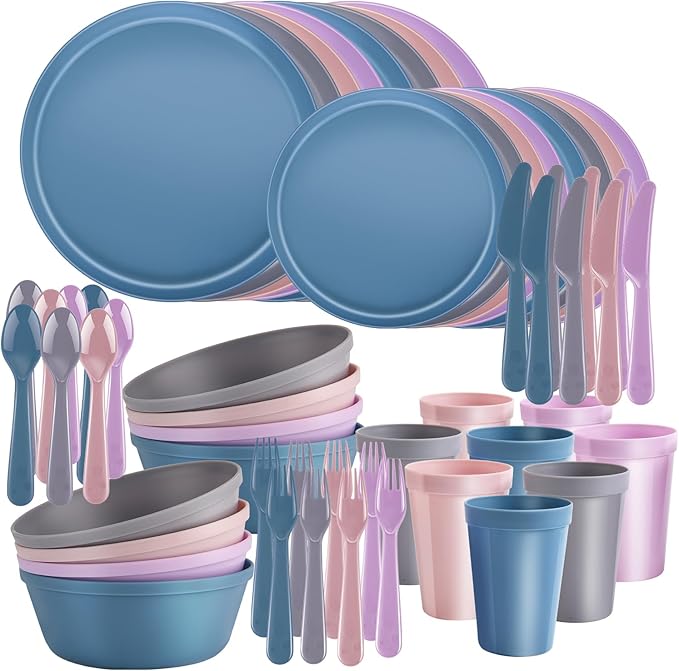 Pastel Plastic Dinnerware Set – 40-Piece Reusable Plates and Bowls Set for 8, Unbreakable Dishes with Cups, Knives, Forks, Spoons for Camping, Picnic, Kids, and Everyday Use