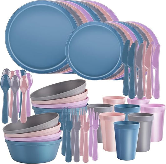 Pastel Plastic Dinnerware Set – 40-Piece Reusable Plates and Bowls Set for 8, Unbreakable Dishes with Cups, Knives, Forks, Spoons for Camping, Picnic, Kids, and Everyday Use